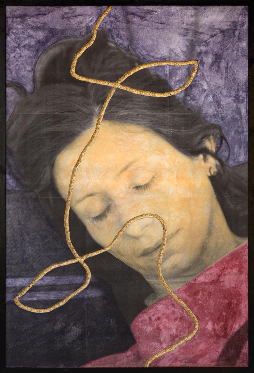 Colored portrait of Judith Schossböck lying in her bed. The image is perforated with milled lines.