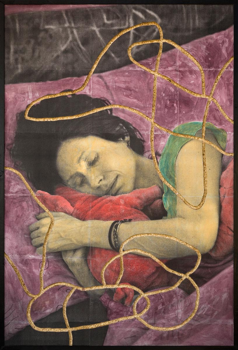 Colored portrait of Judith Schossböck lying in her bed. The image is perforated with milled lines.