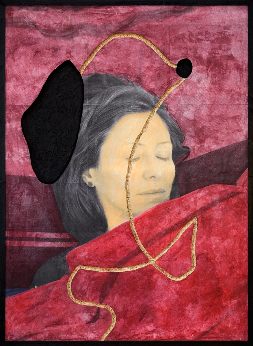 Colored portrait of Judith Schossböck lying in her bed. The image is perforated with milled lines and holes.
