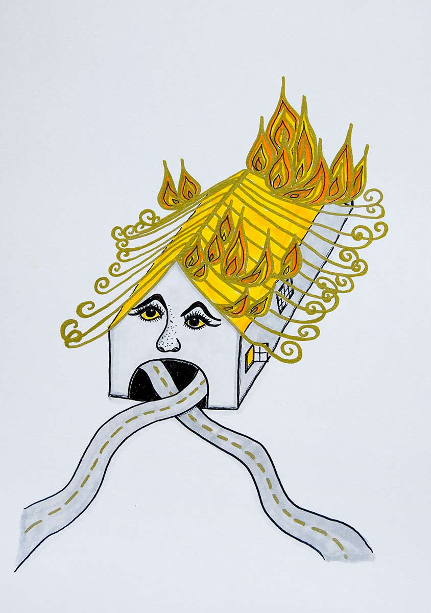 A house with a human face and golden hair is on fire. Two streets lead into the wide-open mouth of the house.