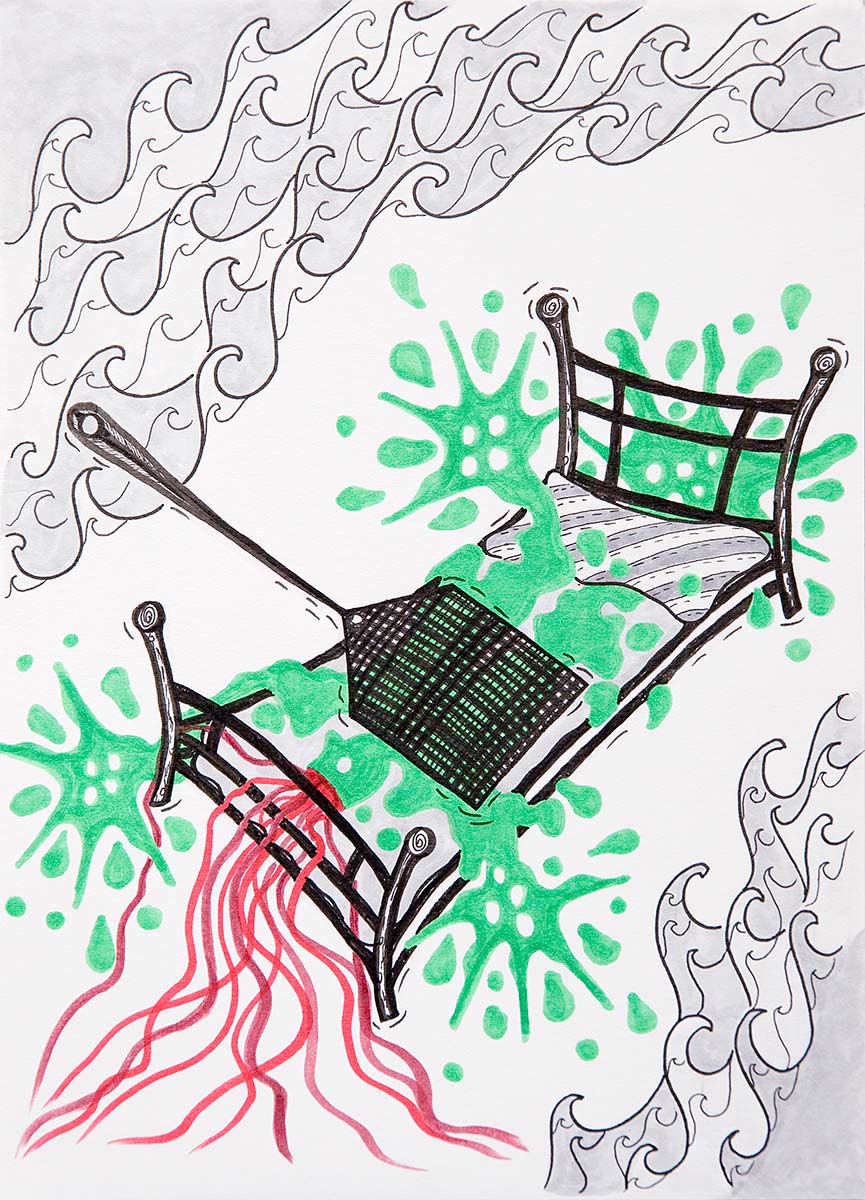 A green figure with red fire rays on its head lies in a bed and is being crushed by a fly swatter.