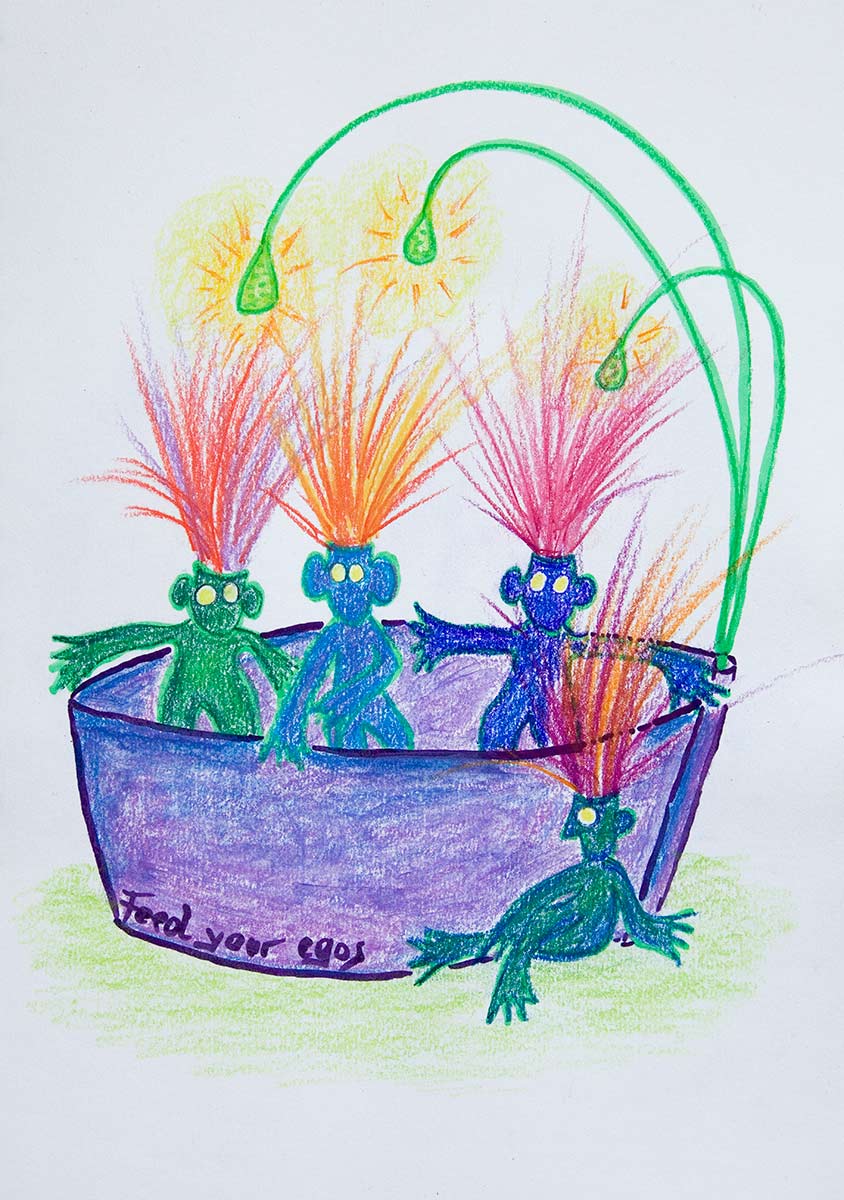 Four green and blue figures with jets of fire on their heads sit in and beside a tub. Yellow lights shine overhead.