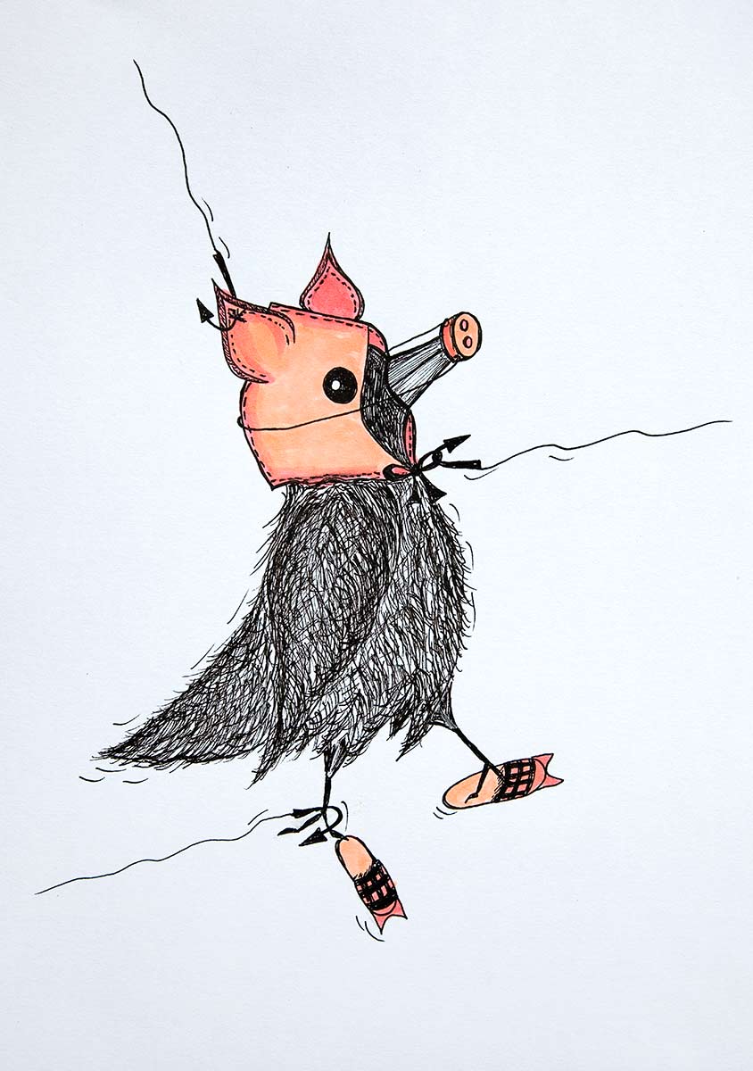 A raven wears a pink piglet mask and pink sandals. Lines with fishing hooks hang from the raven's body and pull it in different directions.