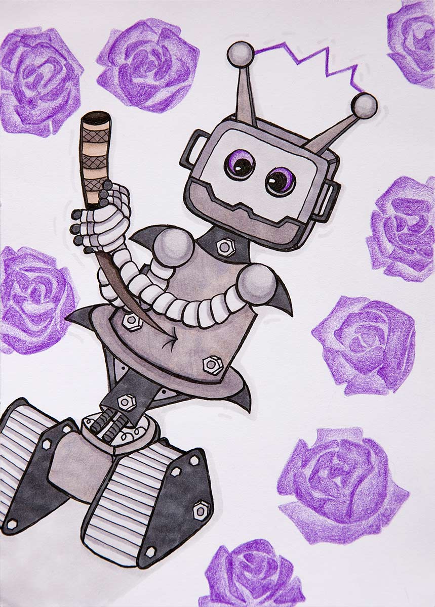 A tin robot stabs a katana sword into its own belly. Purple flowers flies in the air around the robot.