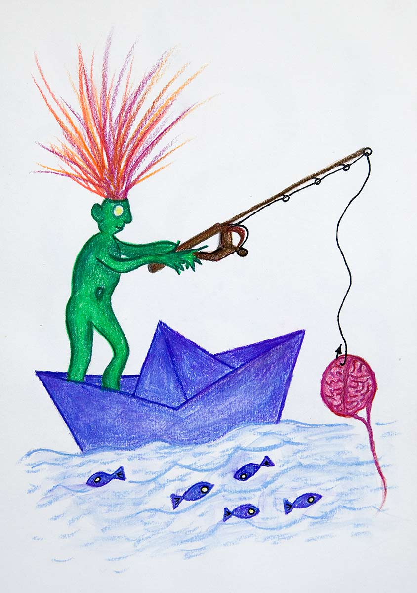 A green figure with red and purple fire rays on its head stands on a blue paper boat. It fishes with a fishing rod in a school of fish and has a human brain on the hook.