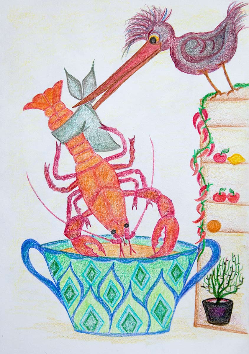 A bird holds a red lobster in its long beak and dips it into a pot of liquid. The bird is on a shelf next to the pot.