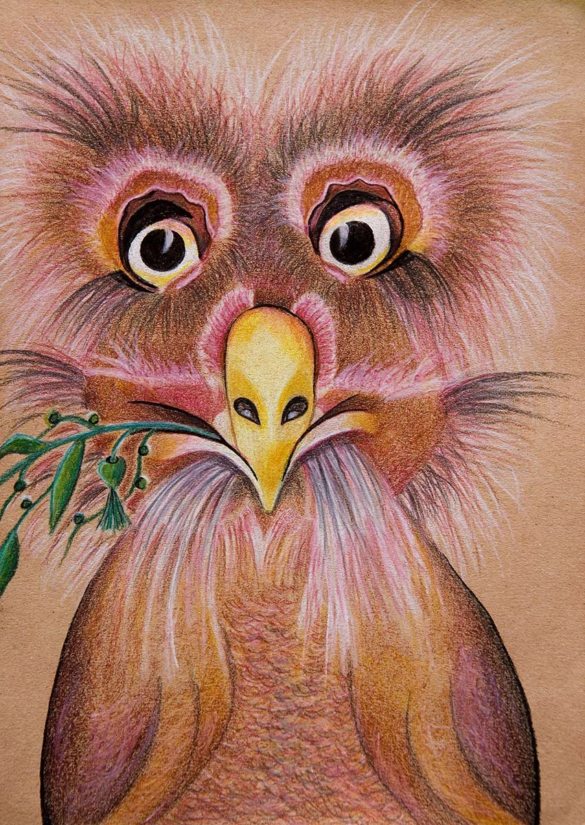 A big-eyed owl with brown plumage carries a green twig in its beak.