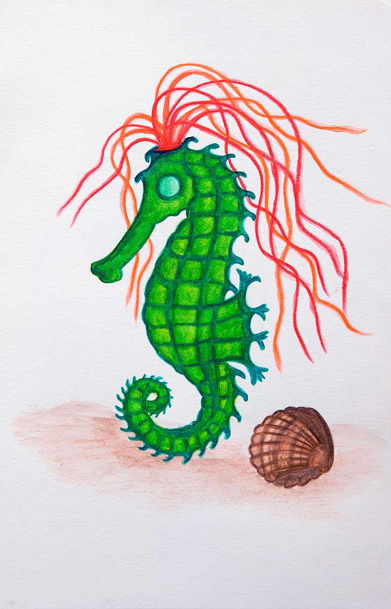 A green seahorse with red fire rays on its head stands next to a shell.