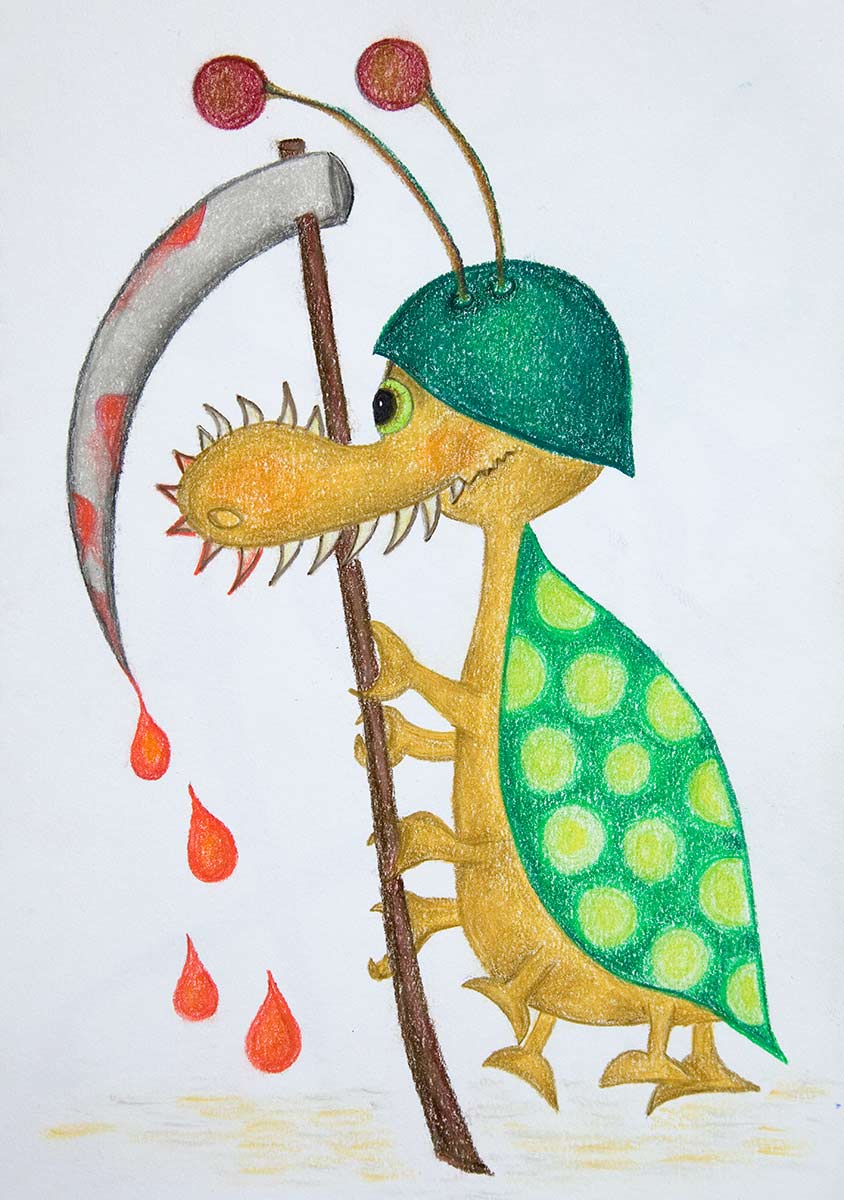 A green beetle with a soldier's helmet on its head marches with a bloody scythe in its hands.