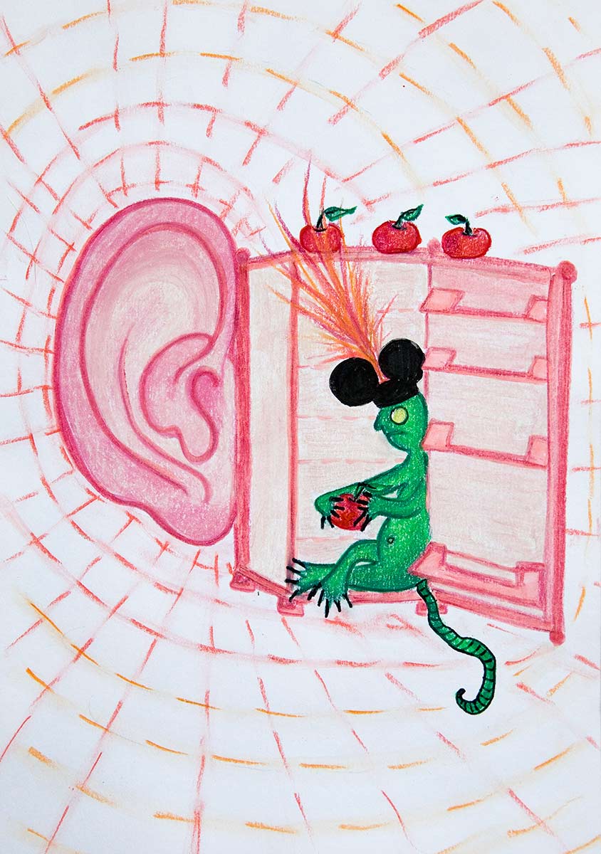A green figure with red fire rays on his head and Mickey Mouse ears sits in an open refrigerator and holds an apple in its hand. There are three apples on the fridge and an oversized ear hanging on the side that catches sound waves.