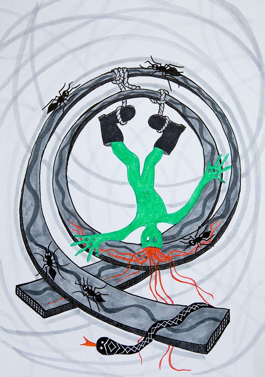 A green figure with red fire rays on its head and black boots on its feet hangs tied to ropes upside down in a spiral construction. Several ants and a snake can be seen on the construction.