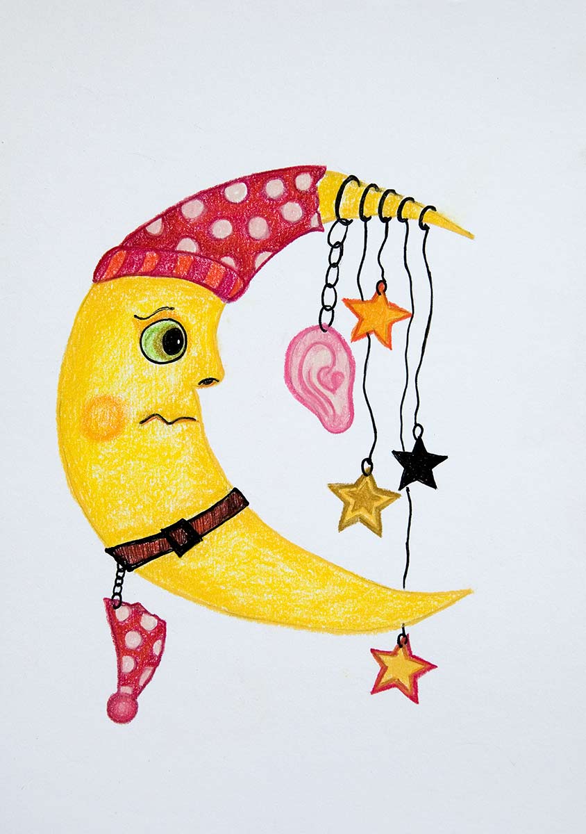 Strings with stars and an ear hang from a yellow moon with a sad face and a sleeping cap.