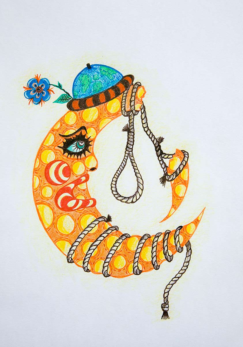 An orange moon with a sad face is tied with several ropes. On the head of the moon sits a small, blue globe and a flower.