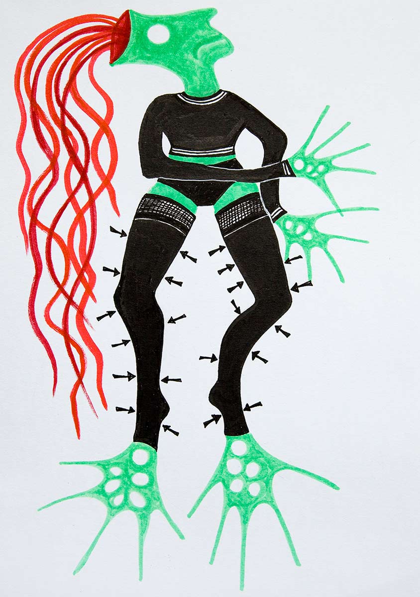 A green figure with red fire jets on its head wears two tight black stockings that pinch its legs.