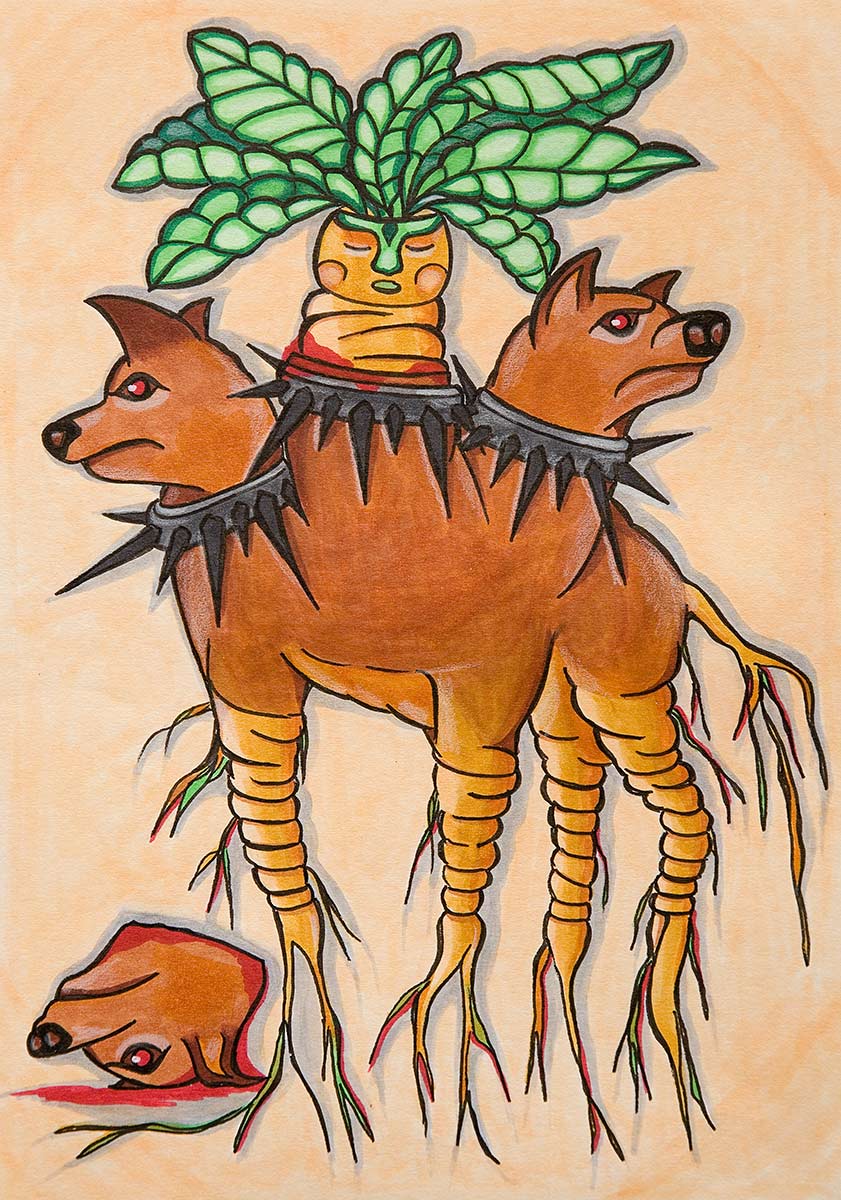 A three-headed dog has legs and a tail made of roots and wears spiked collars. The middle head is severed. The head of a plant with green leaves grows out of the neck.