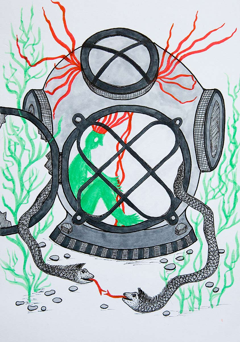 A green figure with red fire rays on its head sits in a diving helmet at the bottom of the sea. Two sea serpents coil around the helmet.