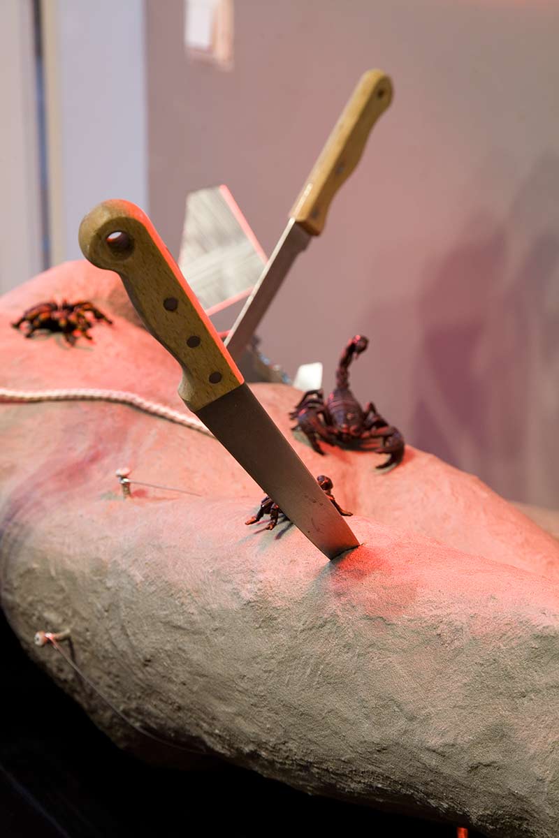 A human figure lies on a table and is being tortured with knives, nails, a fried egg, an iron, scorpions, spiders, broken glass and a vice. Two red lamps illuminate the figure.