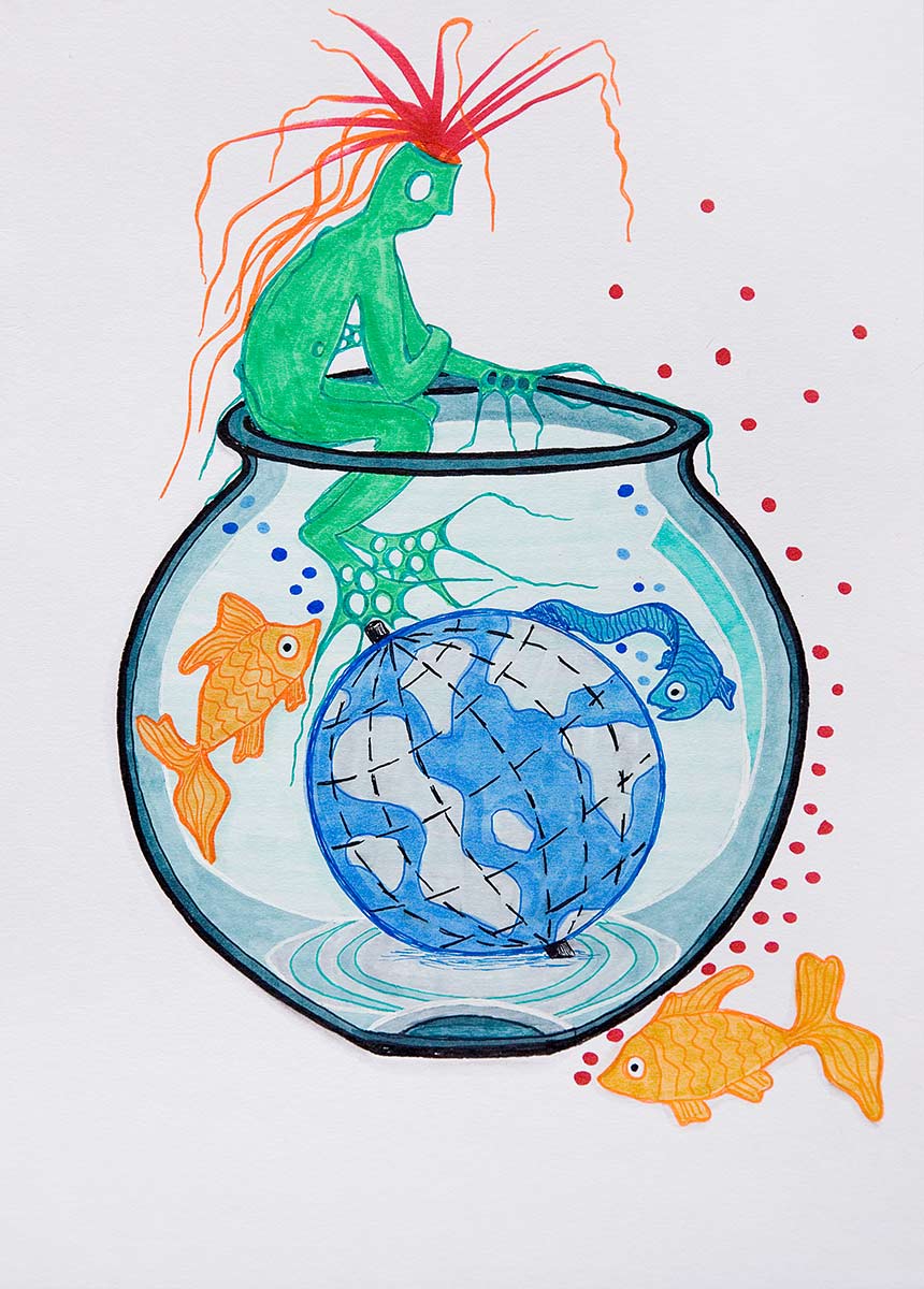 A green figure with red fire jets on its head sits on the edge of a goldfish bowl. Fish and a globe swim in the glass.
