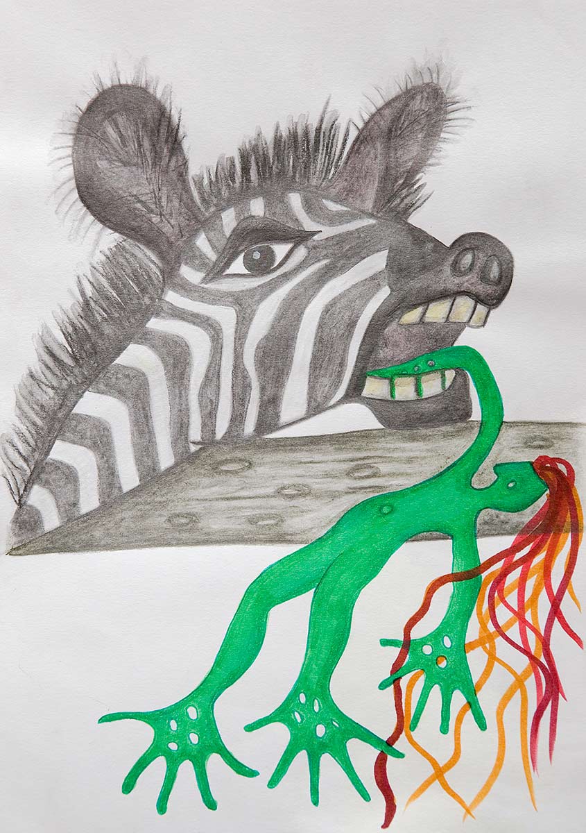 A green figure with red and orange fire rays on its head is being eaten by a zebra.