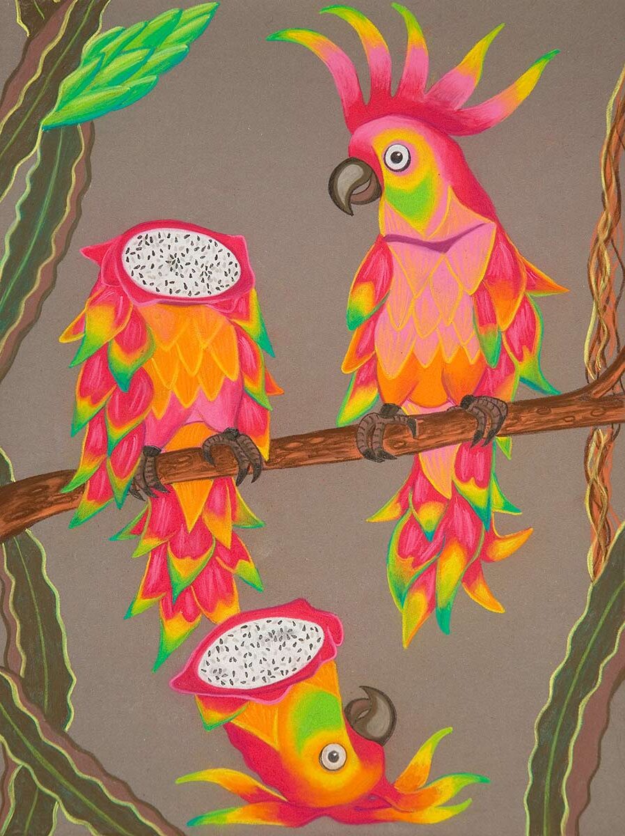 Two colorful cockatoos hang upside down from a branch. The second bird's head is severed and looks like a sliced dragon fruit.
