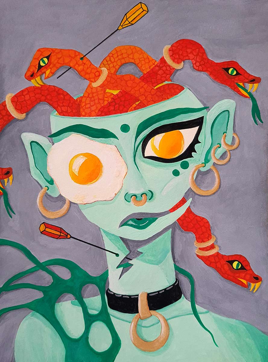 Red snakes wriggle out of the open skull of a green figure. The figure has a fried egg on her eye, a black collar with a ring and several earrings. Two puncture needles pierce the skin of the figure and one of the snakes.
