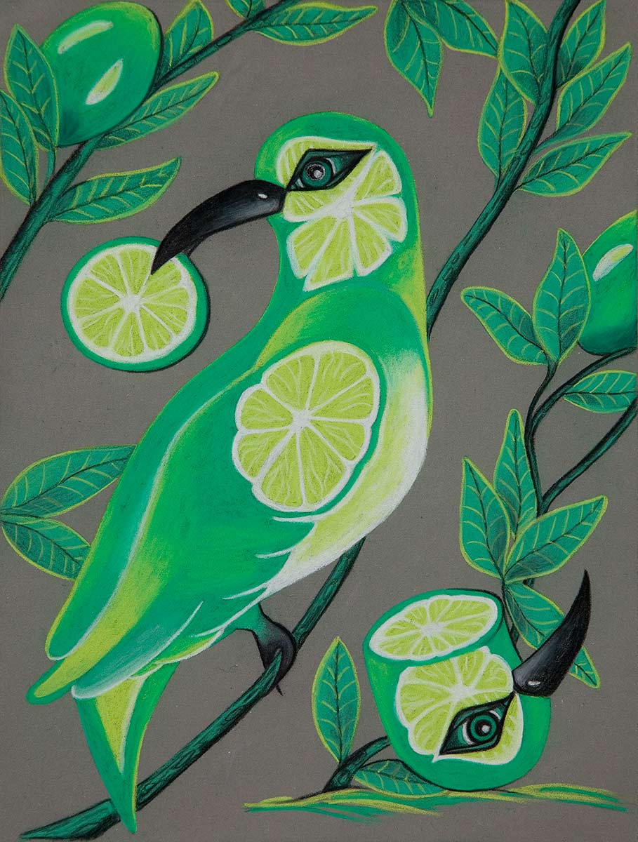 A green bird with lemon slices in its beak and on its plumage sits on a branch. A second bird's head, shaped like a sliced lemon, lies beside it.