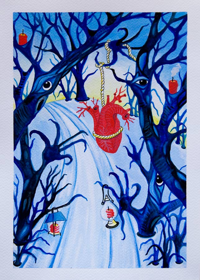 A path leads through a blue winter forest. Trees with eyes, gnarled hands and arms stand in the snow. Several red candles stand or hang in the trees. A big red human heart hangs on a rope above the snowy path.