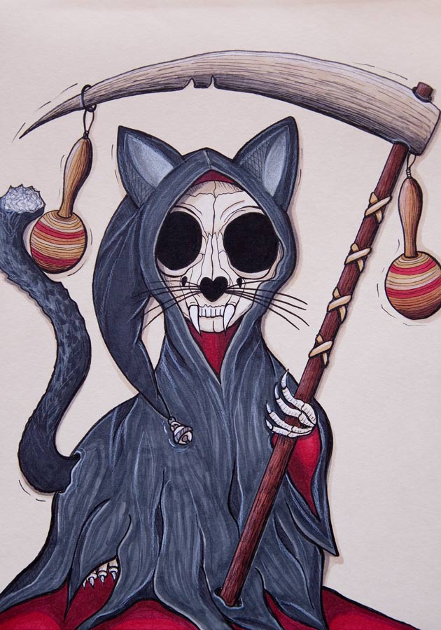 The skeleton of a cat looks at the viewer with hollow eyes. The cat wears a dark hooded cloak with a bell. In her paw she holds a large scythe with two colorful rattles dangling from it.